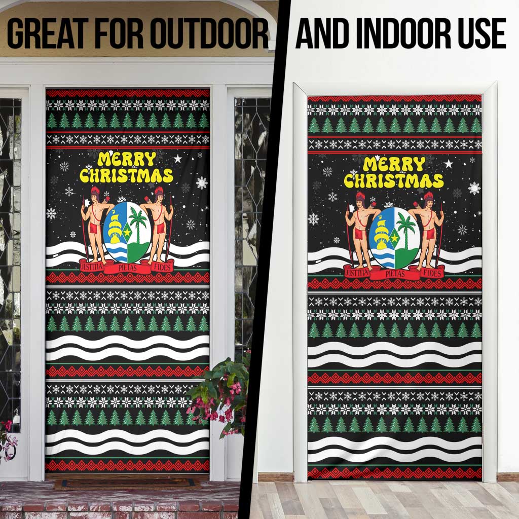 Suriname Christmas Door Cover with Black Festive Pattern, Golden Ship, Palm Tree, and Coat of Arms Motif - Wonder Print Shop