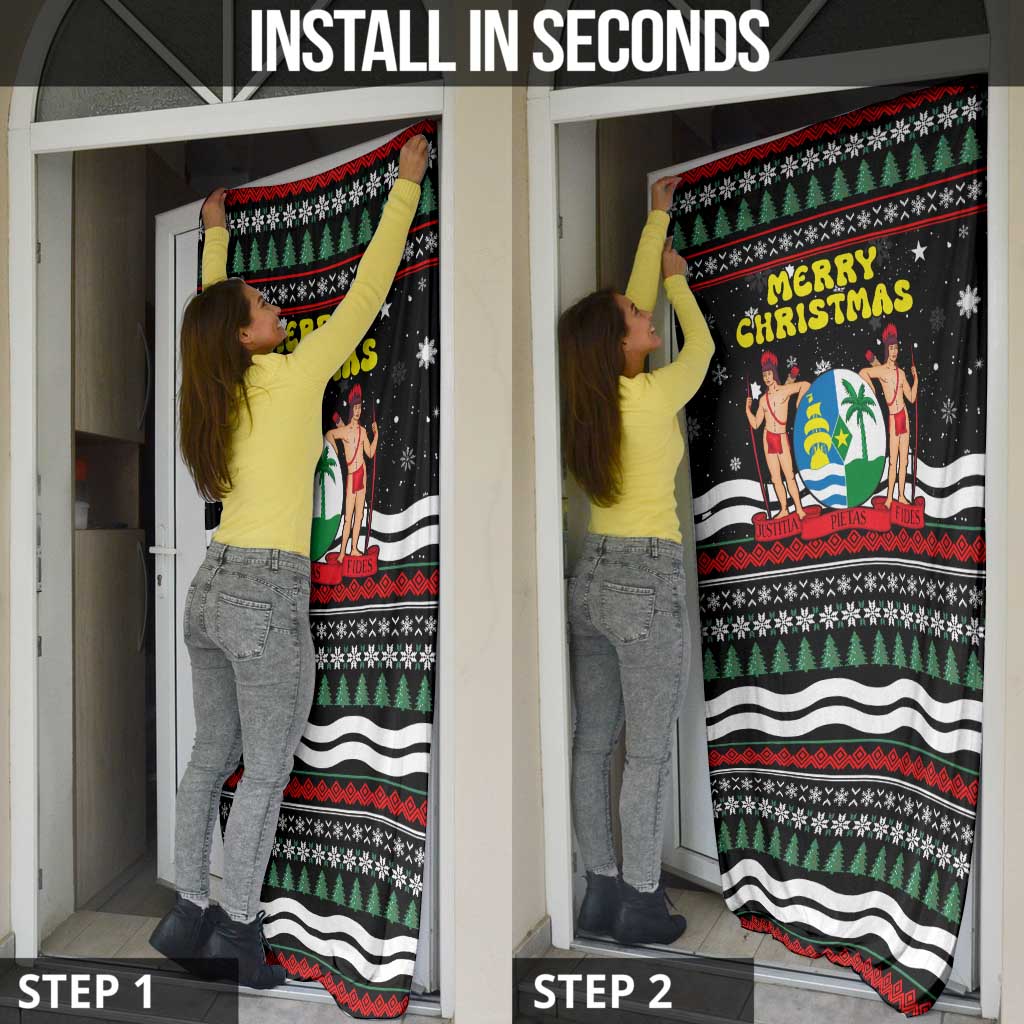 Suriname Christmas Door Cover with Black Festive Pattern, Golden Ship, Palm Tree, and Coat of Arms Motif - Wonder Print Shop