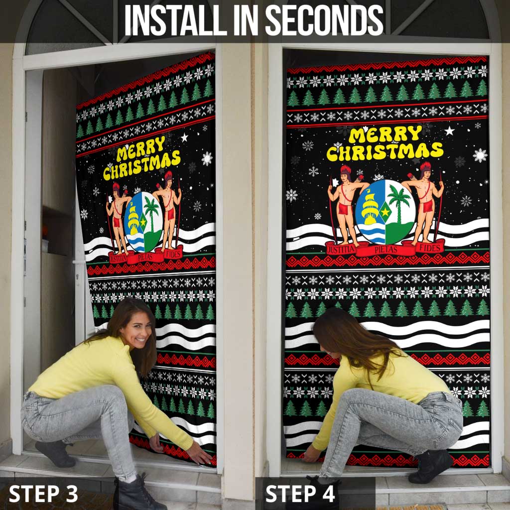 Suriname Christmas Door Cover with Black Festive Pattern, Golden Ship, Palm Tree, and Coat of Arms Motif - Wonder Print Shop