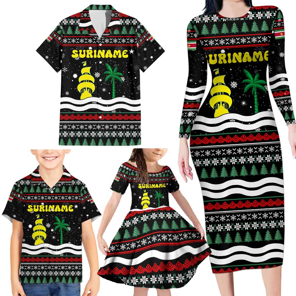 Suriname Christmas Family Matching Long Sleeve Bodycon Dress and Hawaiian Shirt with Black Festive Pattern, Golden Ship, Palm Tree, and Coat of Arms Motif - Wonder Print Shop