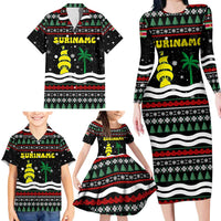 Suriname Christmas Family Matching Long Sleeve Bodycon Dress and Hawaiian Shirt with Black Festive Pattern, Golden Ship, Palm Tree, and Coat of Arms Motif - Wonder Print Shop