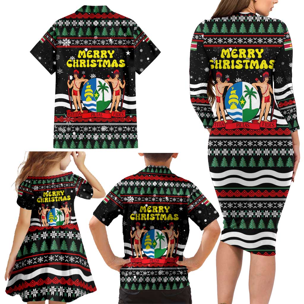 Suriname Christmas Family Matching Long Sleeve Bodycon Dress and Hawaiian Shirt with Black Festive Pattern, Golden Ship, Palm Tree, and Coat of Arms Motif - Wonder Print Shop