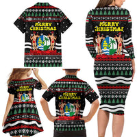 Suriname Christmas Family Matching Long Sleeve Bodycon Dress and Hawaiian Shirt with Black Festive Pattern, Golden Ship, Palm Tree, and Coat of Arms Motif - Wonder Print Shop