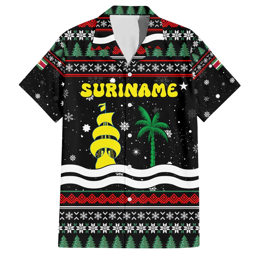 Suriname Christmas Family Matching Long Sleeve Bodycon Dress and Hawaiian Shirt with Black Festive Pattern, Golden Ship, Palm Tree, and Coat of Arms Motif - Wonder Print Shop