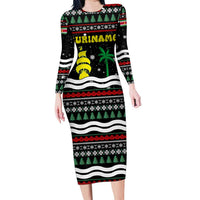 Suriname Christmas Family Matching Long Sleeve Bodycon Dress and Hawaiian Shirt with Black Festive Pattern, Golden Ship, Palm Tree, and Coat of Arms Motif - Wonder Print Shop