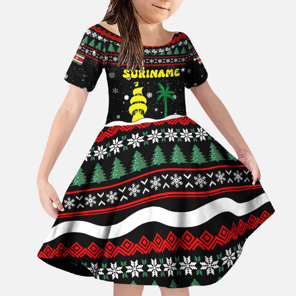 Suriname Christmas Family Matching Mermaid Dress and Hawaiian Shirt with Black Festive Pattern, Golden Ship, Palm Tree, and Coat of Arms Motif - Wonder Print Shop