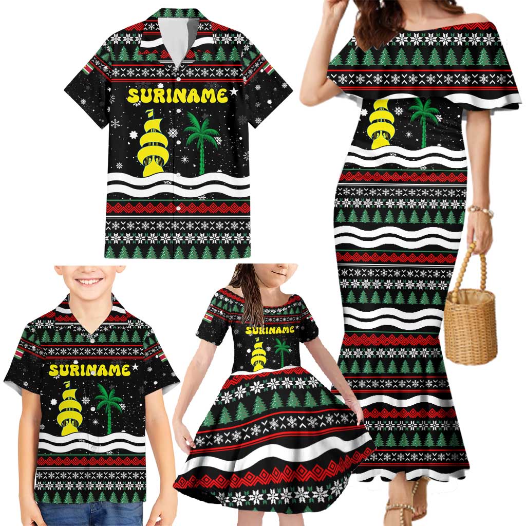 Suriname Christmas Family Matching Mermaid Dress and Hawaiian Shirt with Black Festive Pattern, Golden Ship, Palm Tree, and Coat of Arms Motif - Wonder Print Shop