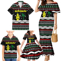 Suriname Christmas Family Matching Mermaid Dress and Hawaiian Shirt with Black Festive Pattern, Golden Ship, Palm Tree, and Coat of Arms Motif - Wonder Print Shop