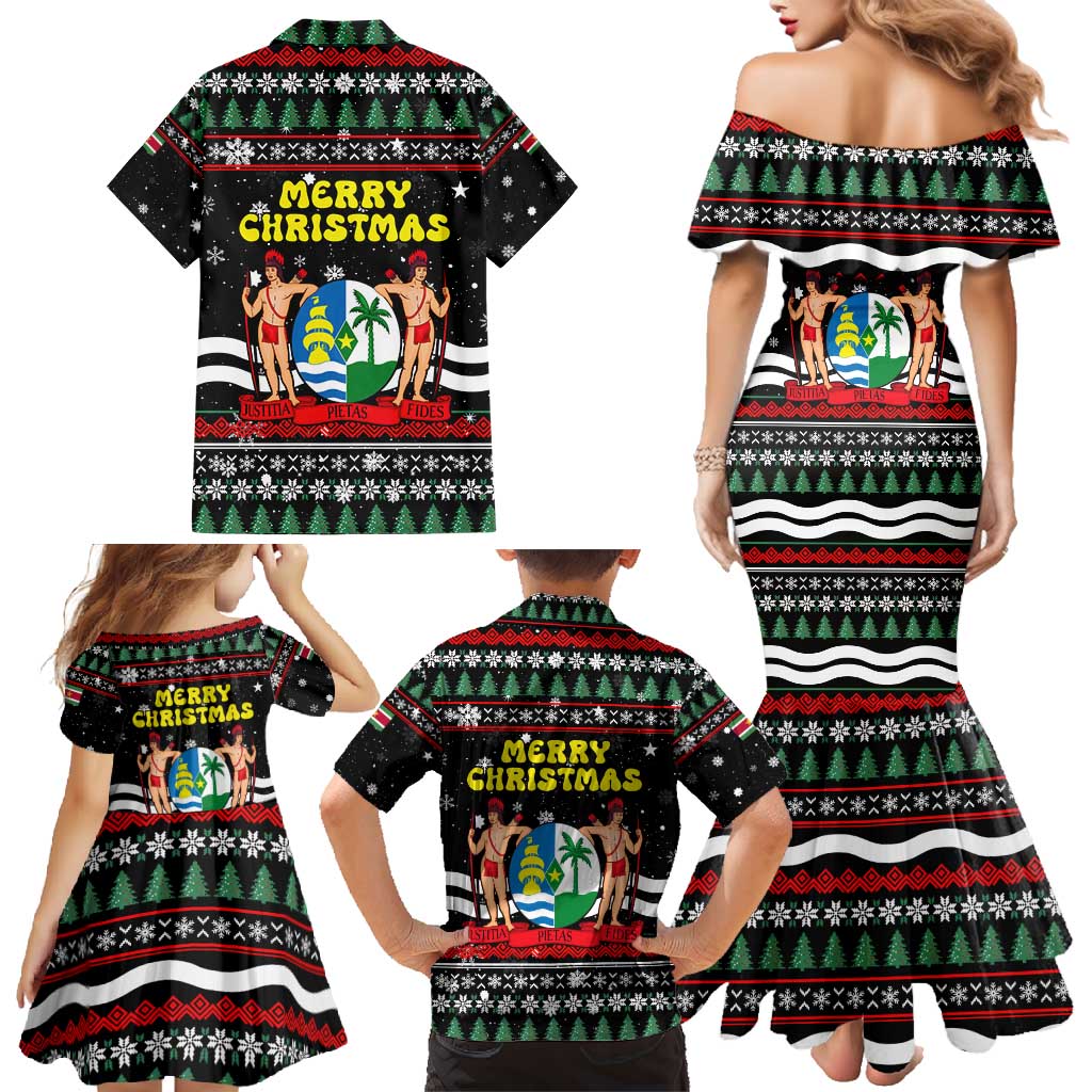 Suriname Christmas Family Matching Mermaid Dress and Hawaiian Shirt with Black Festive Pattern, Golden Ship, Palm Tree, and Coat of Arms Motif - Wonder Print Shop