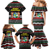 Suriname Christmas Family Matching Mermaid Dress and Hawaiian Shirt with Black Festive Pattern, Golden Ship, Palm Tree, and Coat of Arms Motif - Wonder Print Shop