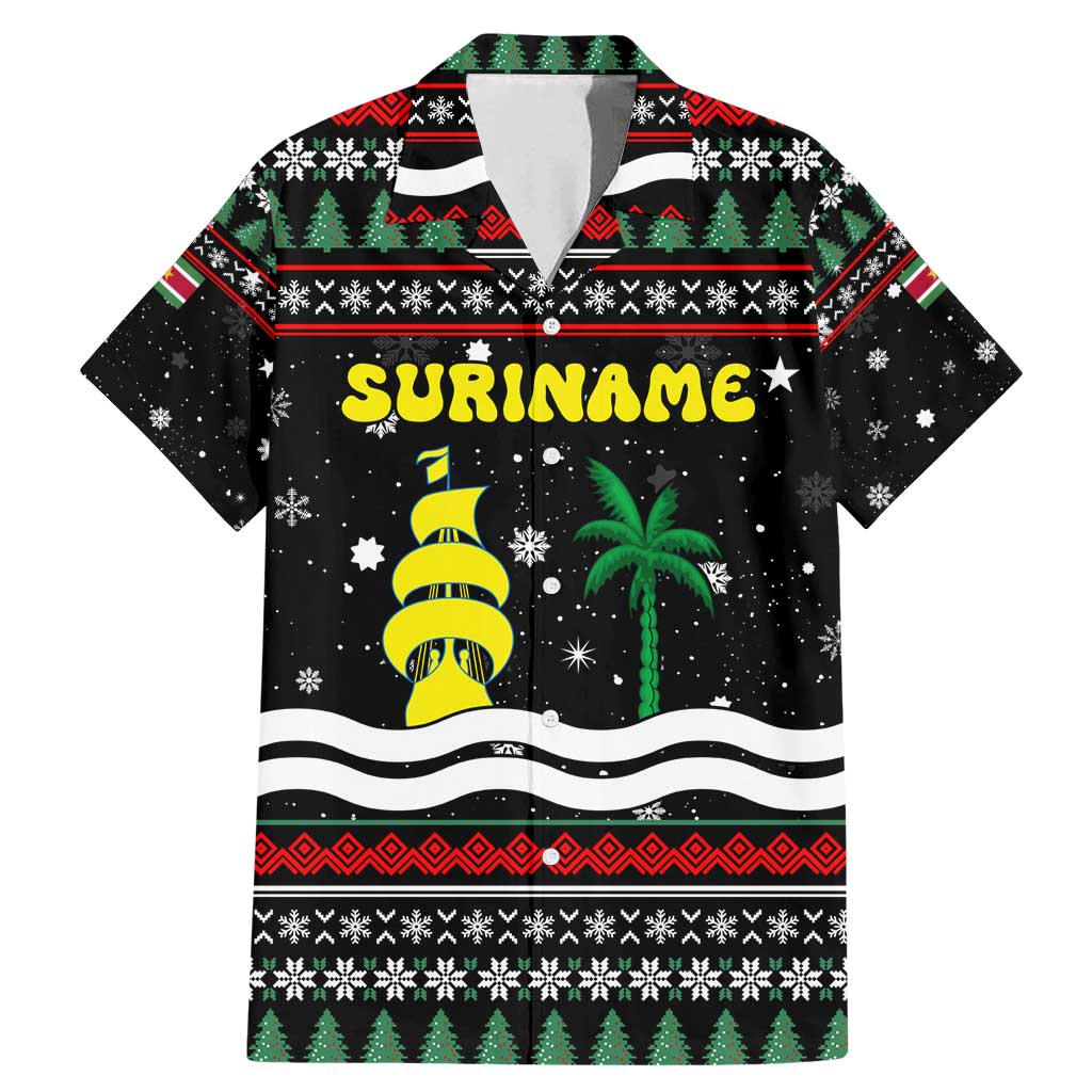 Suriname Christmas Family Matching Mermaid Dress and Hawaiian Shirt with Black Festive Pattern, Golden Ship, Palm Tree, and Coat of Arms Motif - Wonder Print Shop