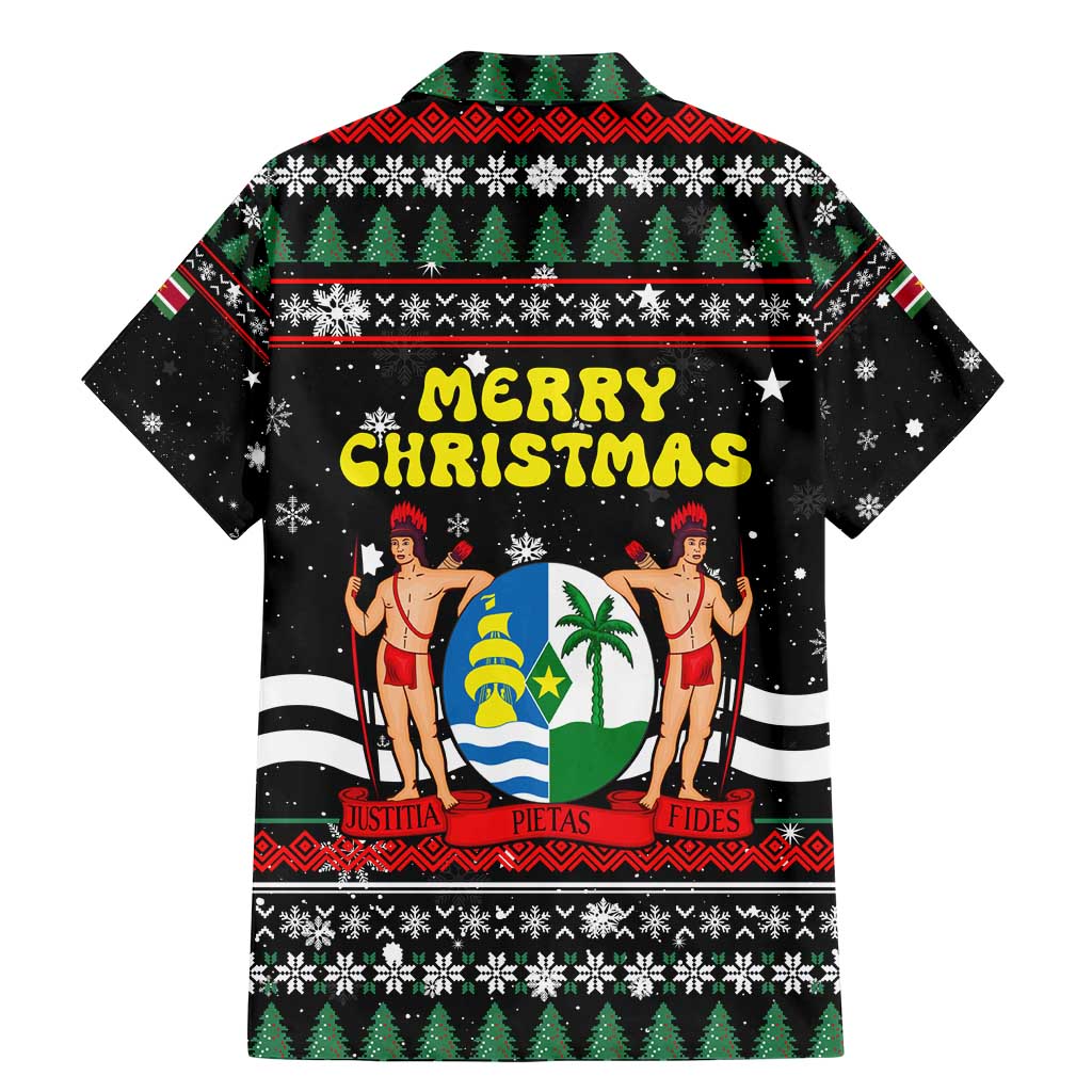 Suriname Christmas Family Matching Mermaid Dress and Hawaiian Shirt with Black Festive Pattern, Golden Ship, Palm Tree, and Coat of Arms Motif - Wonder Print Shop