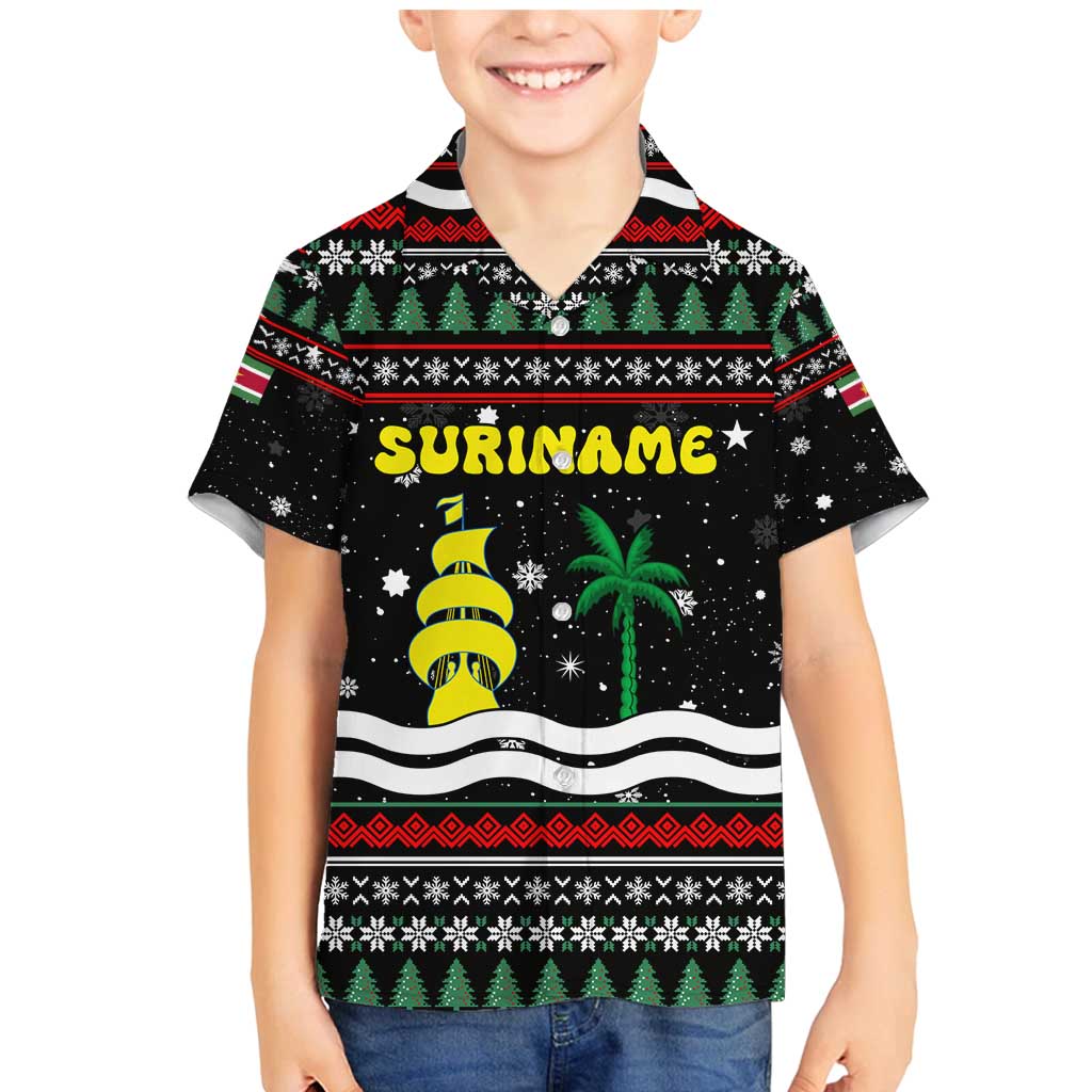 Suriname Christmas Family Matching Mermaid Dress and Hawaiian Shirt with Black Festive Pattern, Golden Ship, Palm Tree, and Coat of Arms Motif - Wonder Print Shop