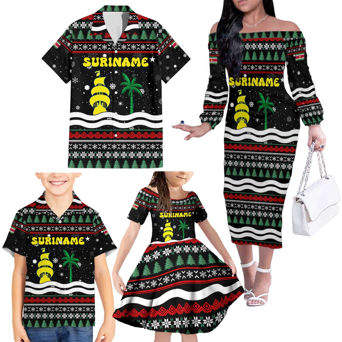 Suriname Christmas Family Matching Off The Shoulder Long Sleeve Dress and Hawaiian Shirt with Black Festive Pattern, Golden Ship, Palm Tree, and Coat of Arms Motif - Wonder Print Shop