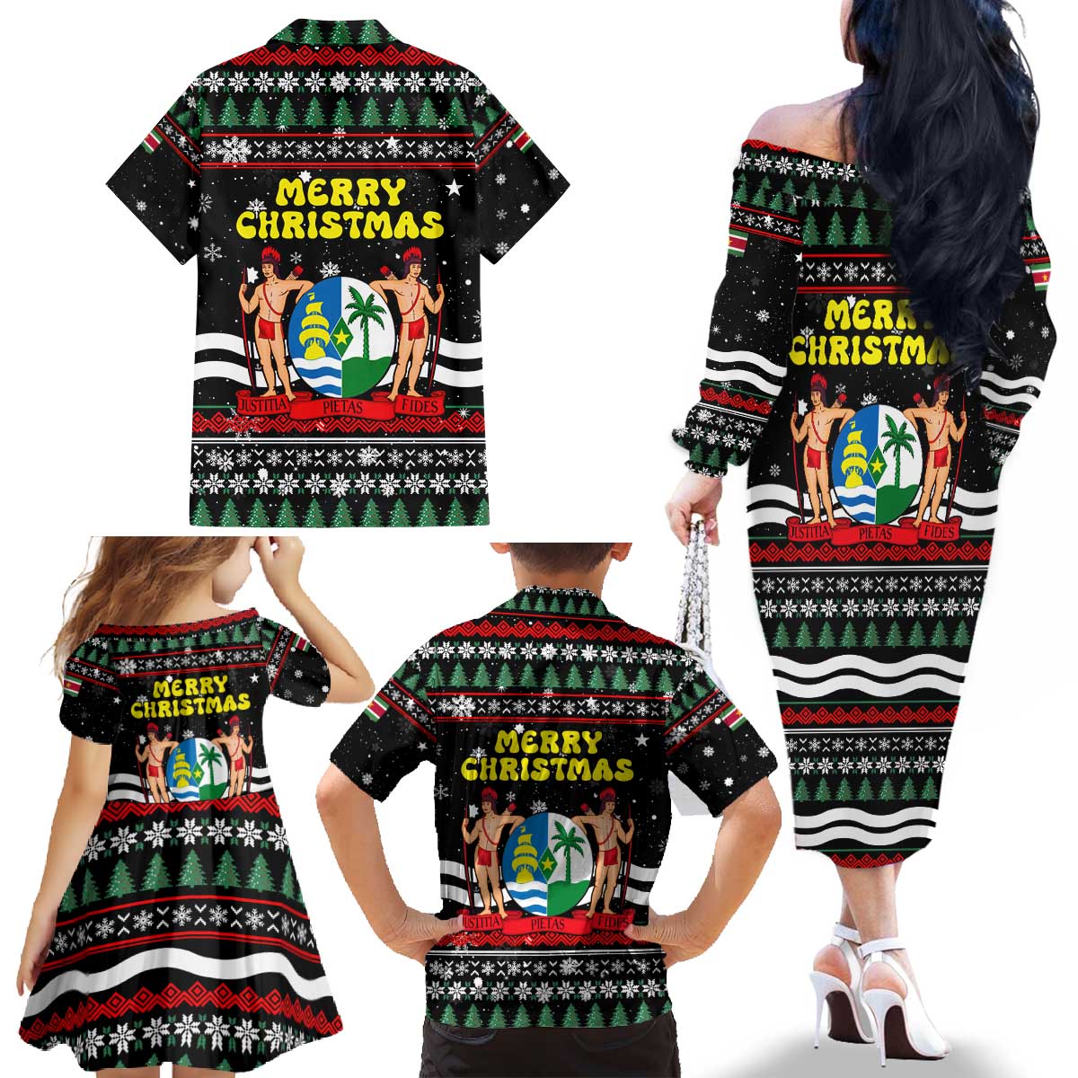 Suriname Christmas Family Matching Off The Shoulder Long Sleeve Dress and Hawaiian Shirt with Black Festive Pattern, Golden Ship, Palm Tree, and Coat of Arms Motif - Wonder Print Shop