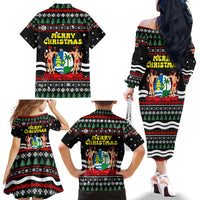 Suriname Christmas Family Matching Off The Shoulder Long Sleeve Dress and Hawaiian Shirt with Black Festive Pattern, Golden Ship, Palm Tree, and Coat of Arms Motif - Wonder Print Shop