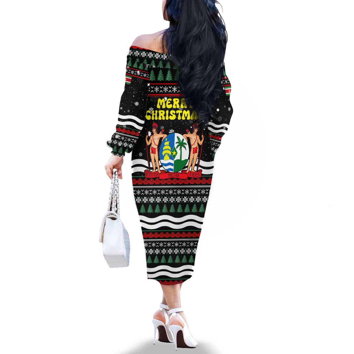 Suriname Christmas Family Matching Off The Shoulder Long Sleeve Dress and Hawaiian Shirt with Black Festive Pattern, Golden Ship, Palm Tree, and Coat of Arms Motif - Wonder Print Shop