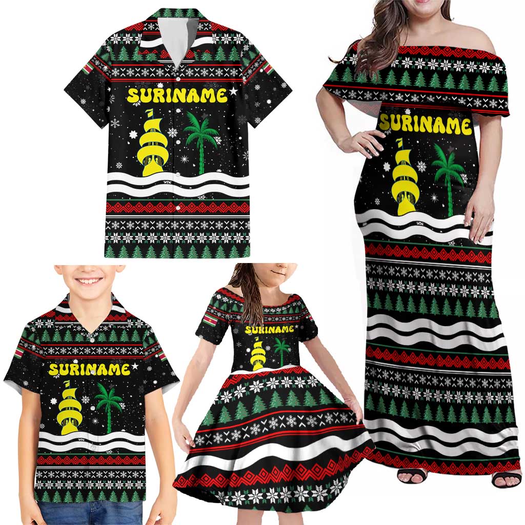 Suriname Christmas Family Matching Off Shoulder Maxi Dress and Hawaiian Shirt with Black Festive Pattern, Golden Ship, Palm Tree, and Coat of Arms Motif - Wonder Print Shop