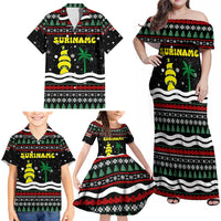 Suriname Christmas Family Matching Off Shoulder Maxi Dress and Hawaiian Shirt with Black Festive Pattern, Golden Ship, Palm Tree, and Coat of Arms Motif - Wonder Print Shop