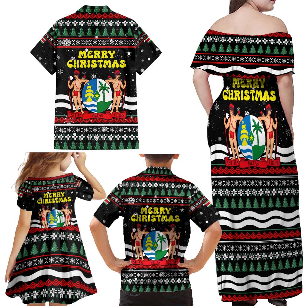 Suriname Christmas Family Matching Off Shoulder Maxi Dress and Hawaiian Shirt with Black Festive Pattern, Golden Ship, Palm Tree, and Coat of Arms Motif - Wonder Print Shop