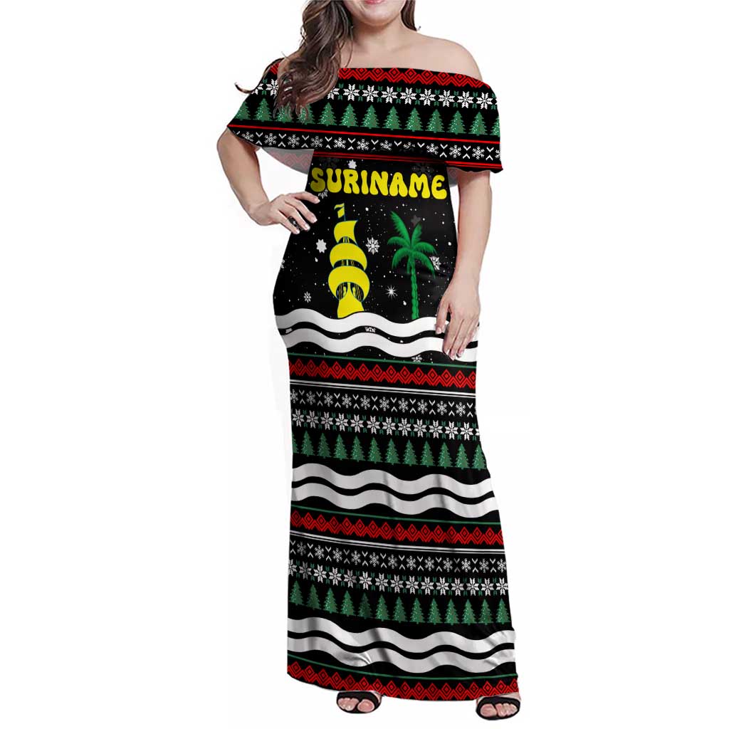 Suriname Christmas Family Matching Off Shoulder Maxi Dress and Hawaiian Shirt with Black Festive Pattern, Golden Ship, Palm Tree, and Coat of Arms Motif - Wonder Print Shop
