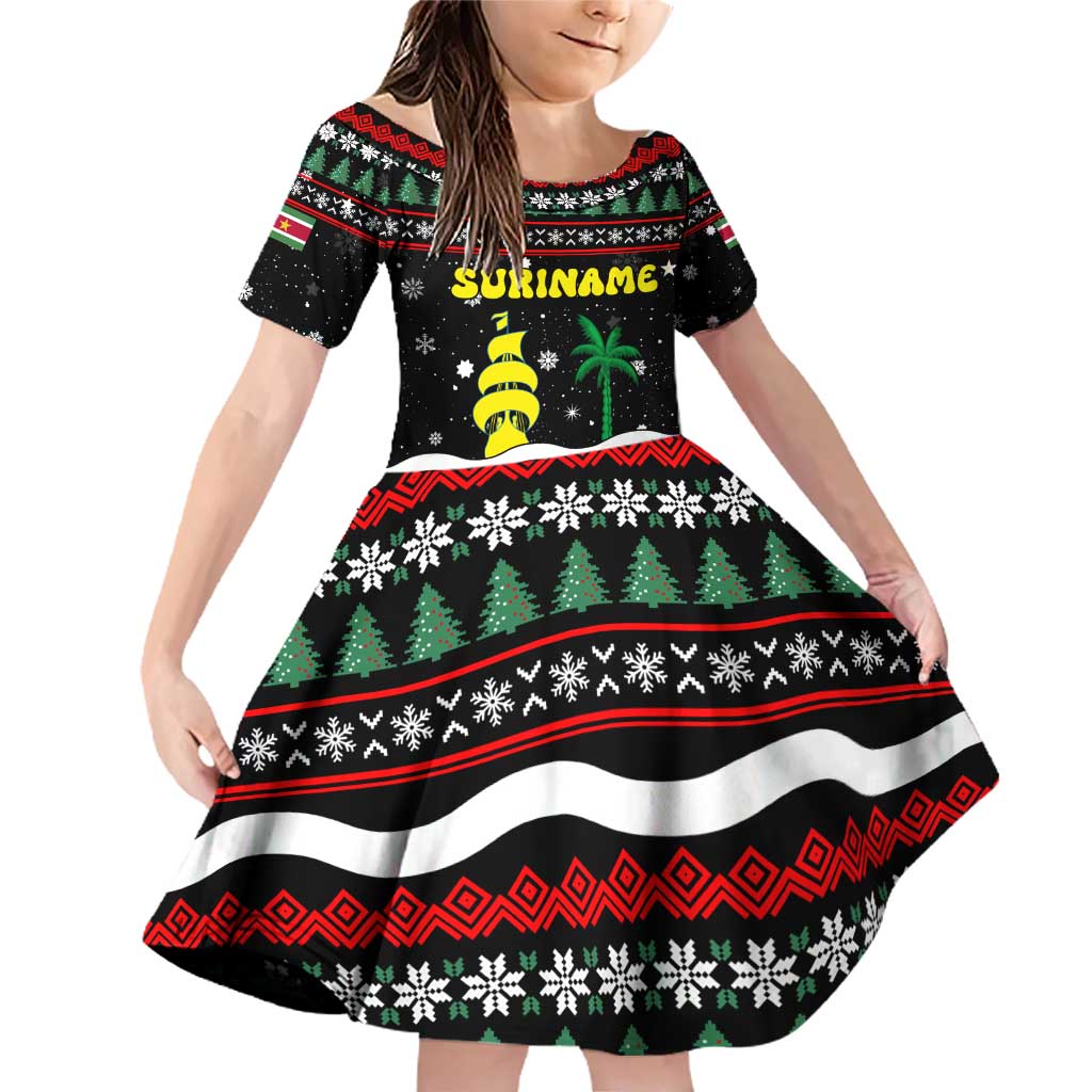 Suriname Christmas Family Matching Off Shoulder Short Dress and Hawaiian Shirt with Black Festive Pattern, Golden Ship, Palm Tree, and Coat of Arms Motif - Wonder Print Shop