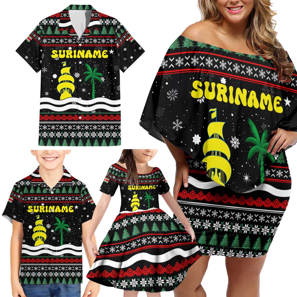 Suriname Christmas Family Matching Off Shoulder Short Dress and Hawaiian Shirt with Black Festive Pattern, Golden Ship, Palm Tree, and Coat of Arms Motif - Wonder Print Shop