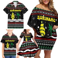Suriname Christmas Family Matching Off Shoulder Short Dress and Hawaiian Shirt with Black Festive Pattern, Golden Ship, Palm Tree, and Coat of Arms Motif - Wonder Print Shop
