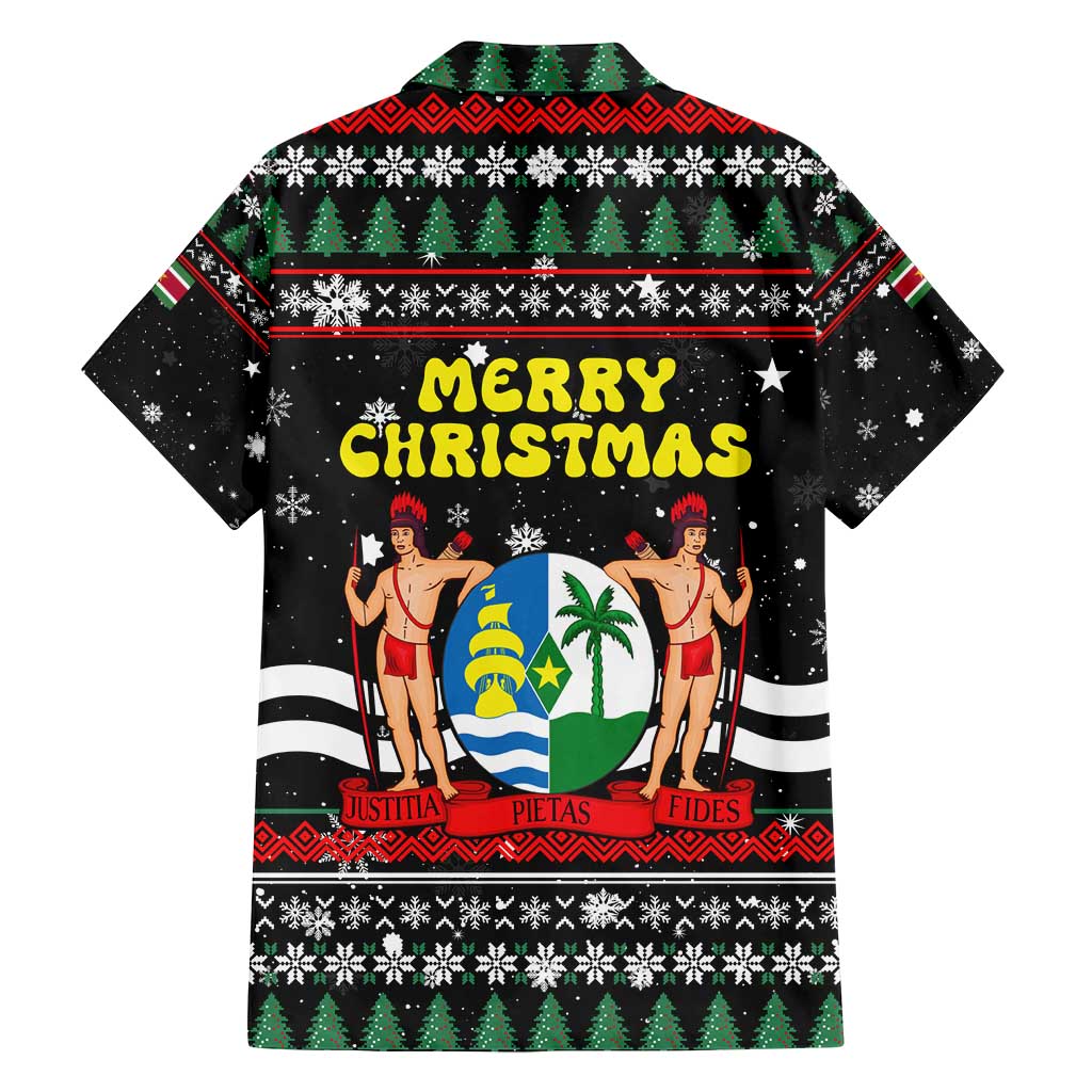 Suriname Christmas Family Matching Off Shoulder Short Dress and Hawaiian Shirt with Black Festive Pattern, Golden Ship, Palm Tree, and Coat of Arms Motif - Wonder Print Shop