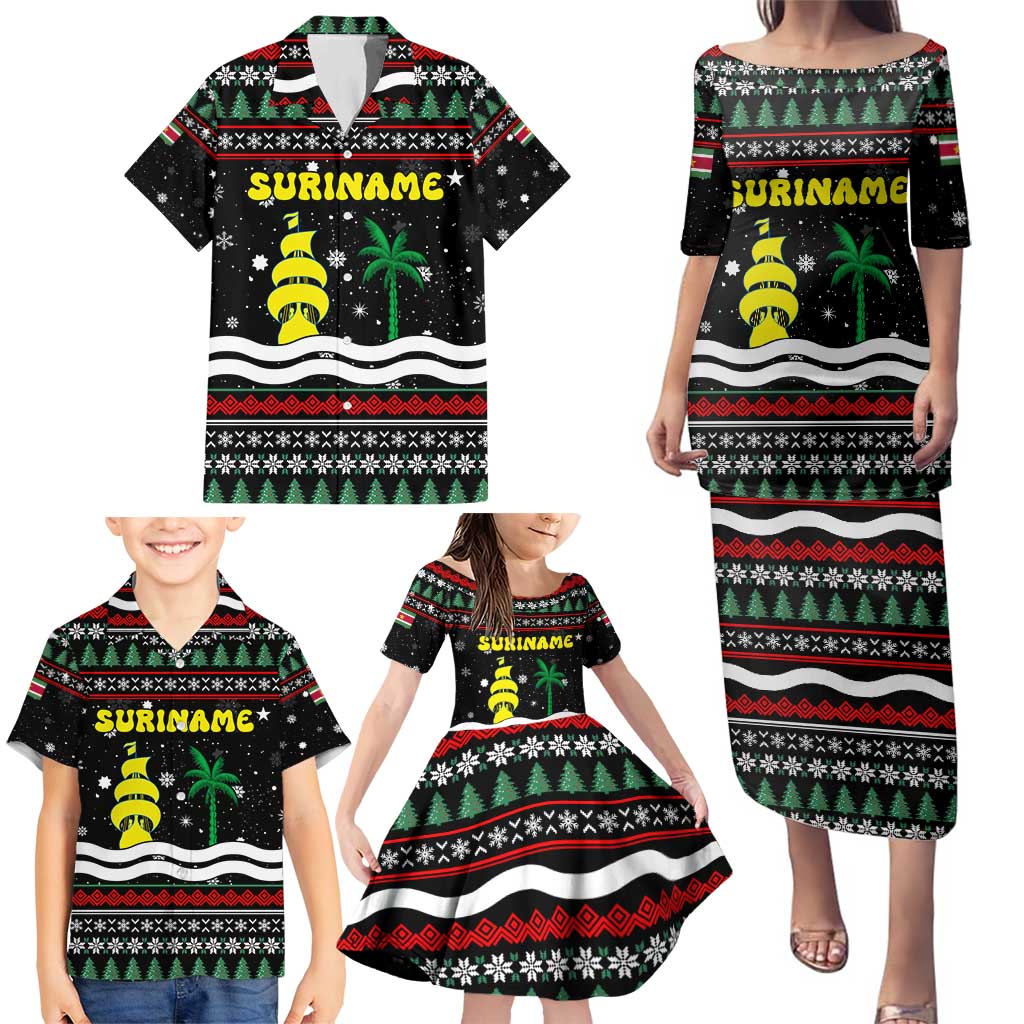 Suriname Christmas Family Matching Puletasi and Hawaiian Shirt with Black Festive Pattern, Golden Ship, Palm Tree, and Coat of Arms Motif - Wonder Print Shop