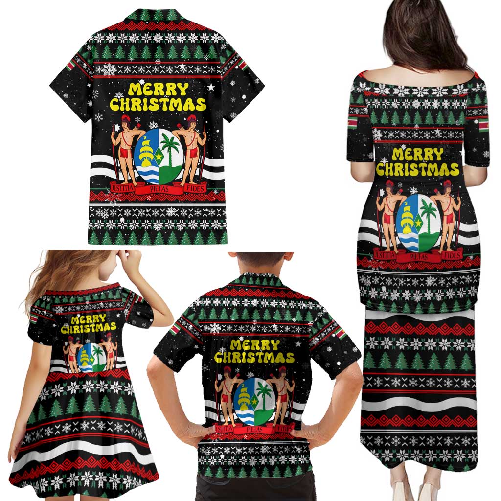 Suriname Christmas Family Matching Puletasi and Hawaiian Shirt with Black Festive Pattern, Golden Ship, Palm Tree, and Coat of Arms Motif - Wonder Print Shop