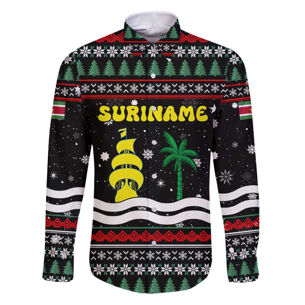 Suriname Christmas Family Matching Puletasi and Hawaiian Shirt with Black Festive Pattern, Golden Ship, Palm Tree, and Coat of Arms Motif - Wonder Print Shop