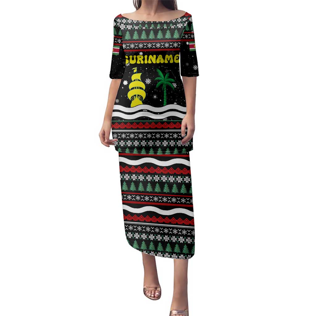 Suriname Christmas Family Matching Puletasi and Hawaiian Shirt with Black Festive Pattern, Golden Ship, Palm Tree, and Coat of Arms Motif - Wonder Print Shop