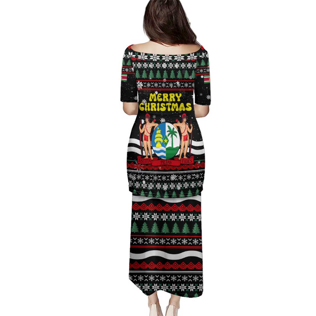 Suriname Christmas Family Matching Puletasi and Hawaiian Shirt with Black Festive Pattern, Golden Ship, Palm Tree, and Coat of Arms Motif - Wonder Print Shop