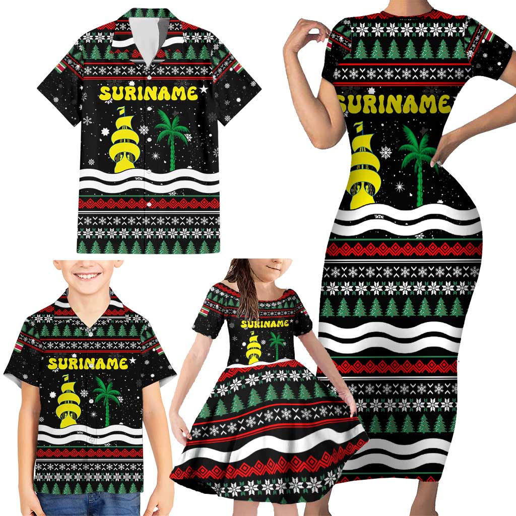 Suriname Christmas Family Matching Short Sleeve Bodycon Dress and Hawaiian Shirt with Black Festive Pattern, Golden Ship, Palm Tree, and Coat of Arms Motif - Wonder Print Shop
