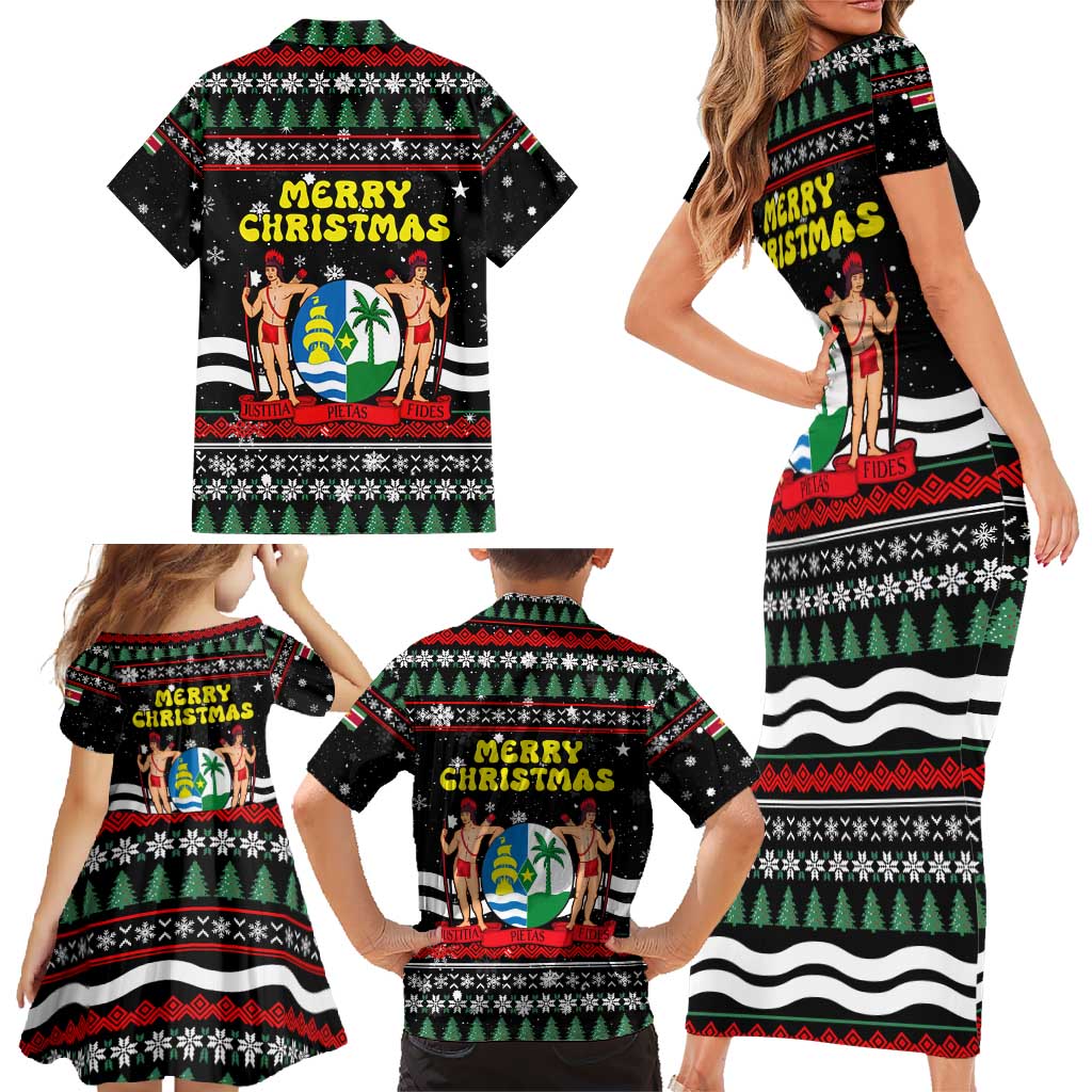 Suriname Christmas Family Matching Short Sleeve Bodycon Dress and Hawaiian Shirt with Black Festive Pattern, Golden Ship, Palm Tree, and Coat of Arms Motif - Wonder Print Shop