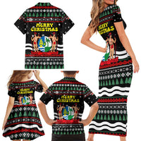 Suriname Christmas Family Matching Short Sleeve Bodycon Dress and Hawaiian Shirt with Black Festive Pattern, Golden Ship, Palm Tree, and Coat of Arms Motif - Wonder Print Shop