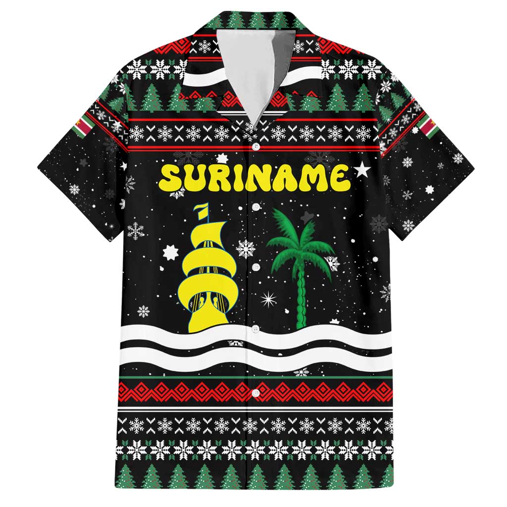 Suriname Christmas Family Matching Short Sleeve Bodycon Dress and Hawaiian Shirt with Black Festive Pattern, Golden Ship, Palm Tree, and Coat of Arms Motif - Wonder Print Shop
