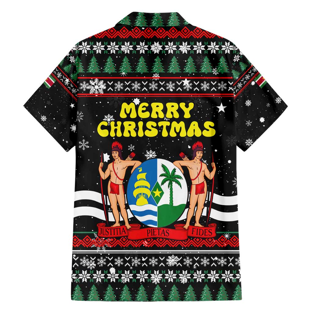 Suriname Christmas Family Matching Short Sleeve Bodycon Dress and Hawaiian Shirt with Black Festive Pattern, Golden Ship, Palm Tree, and Coat of Arms Motif - Wonder Print Shop