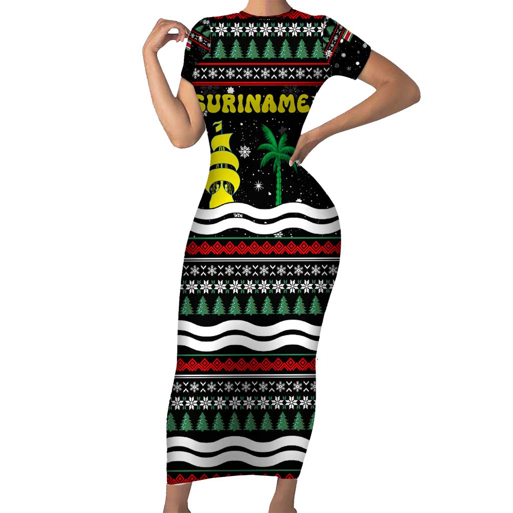 Suriname Christmas Family Matching Short Sleeve Bodycon Dress and Hawaiian Shirt with Black Festive Pattern, Golden Ship, Palm Tree, and Coat of Arms Motif - Wonder Print Shop