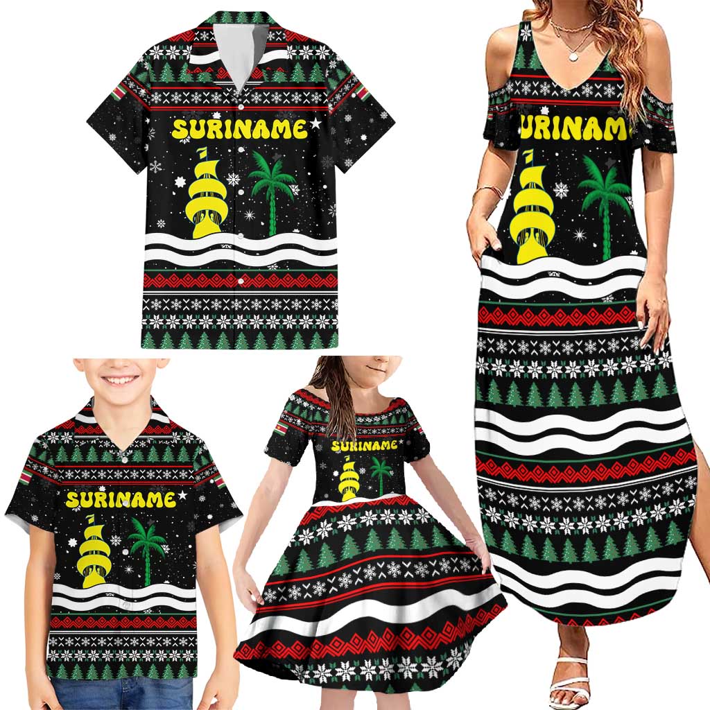 Suriname Christmas Family Matching Summer Maxi Dress and Hawaiian Shirt with Black Festive Pattern, Golden Ship, Palm Tree, and Coat of Arms Motif - Wonder Print Shop