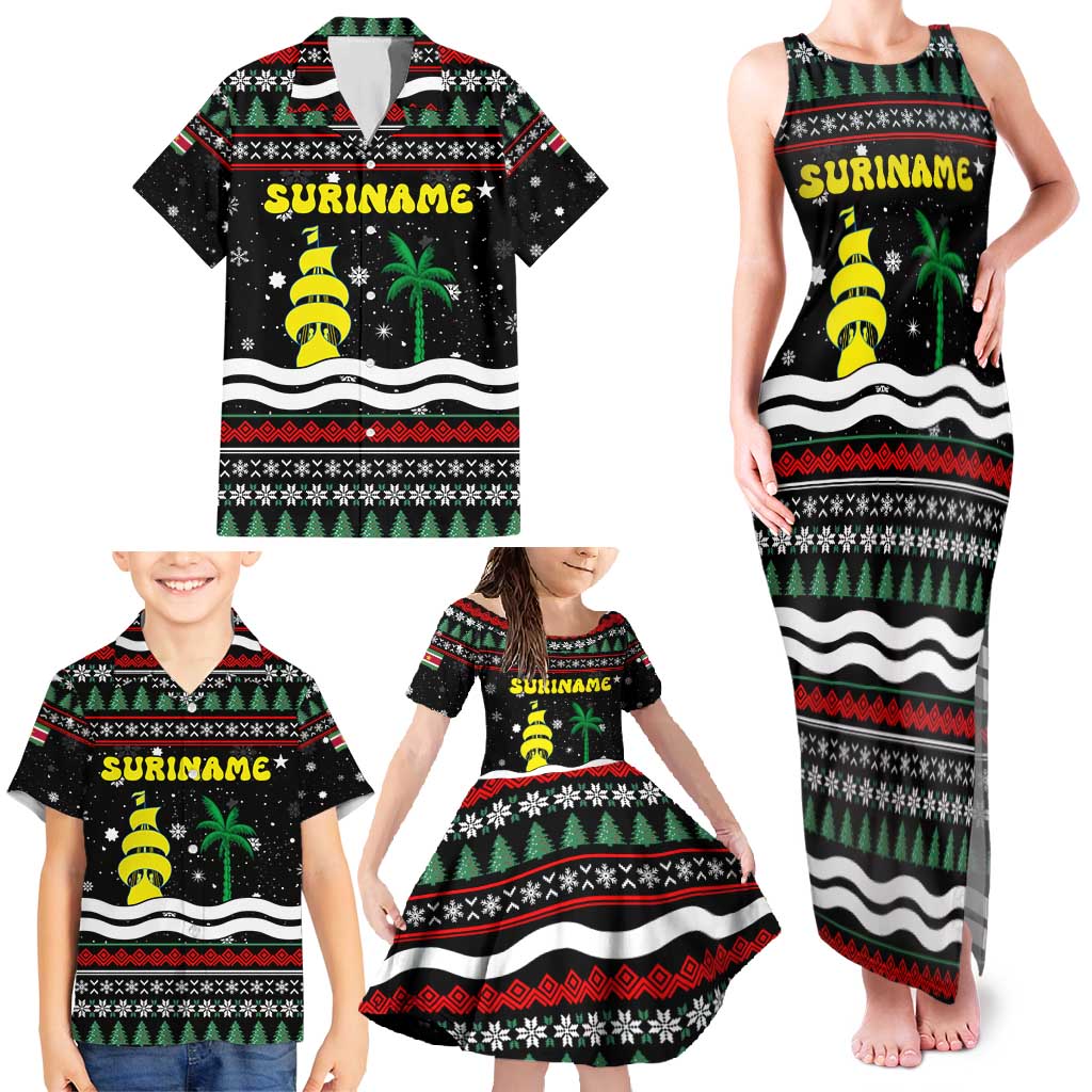 Suriname Christmas Family Matching Tank Maxi Dress and Hawaiian Shirt with Black Festive Pattern, Golden Ship, Palm Tree, and Coat of Arms Motif - Wonder Print Shop