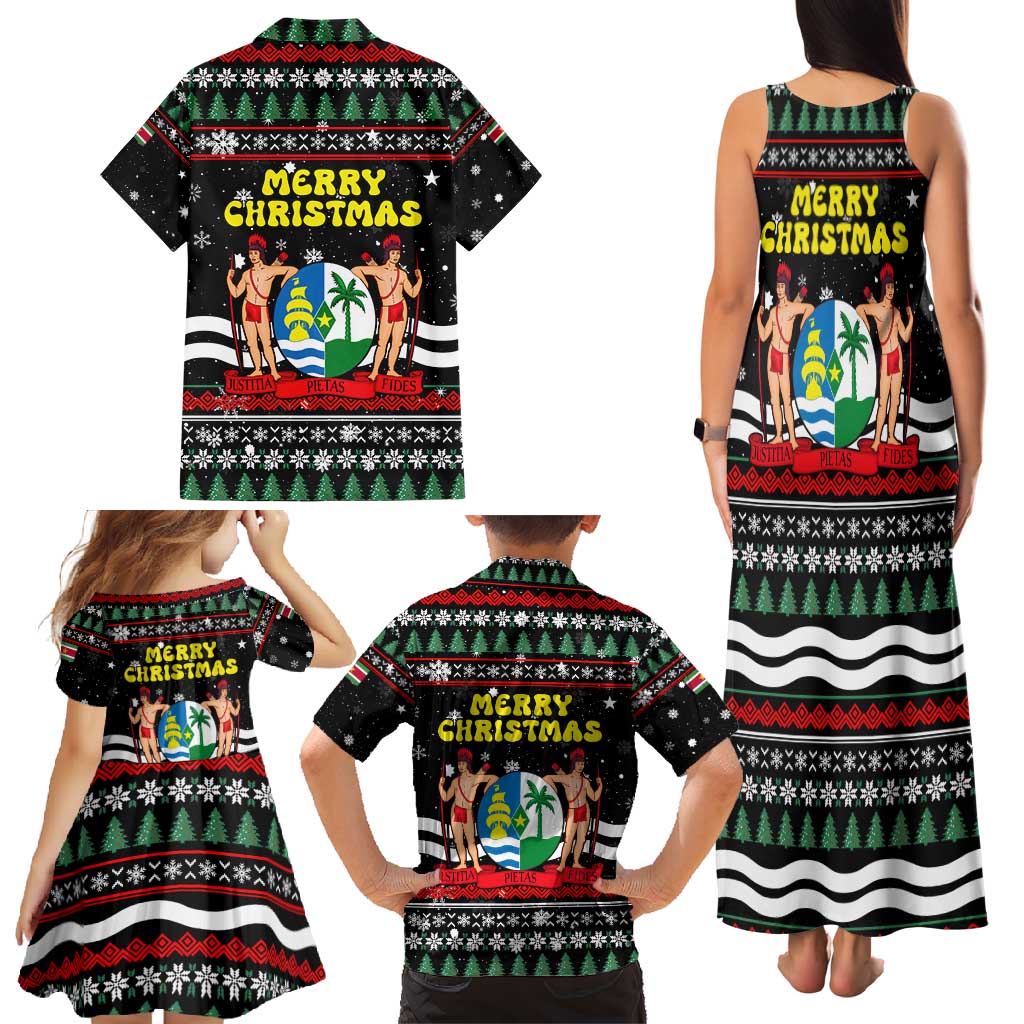 Suriname Christmas Family Matching Tank Maxi Dress and Hawaiian Shirt with Black Festive Pattern, Golden Ship, Palm Tree, and Coat of Arms Motif - Wonder Print Shop