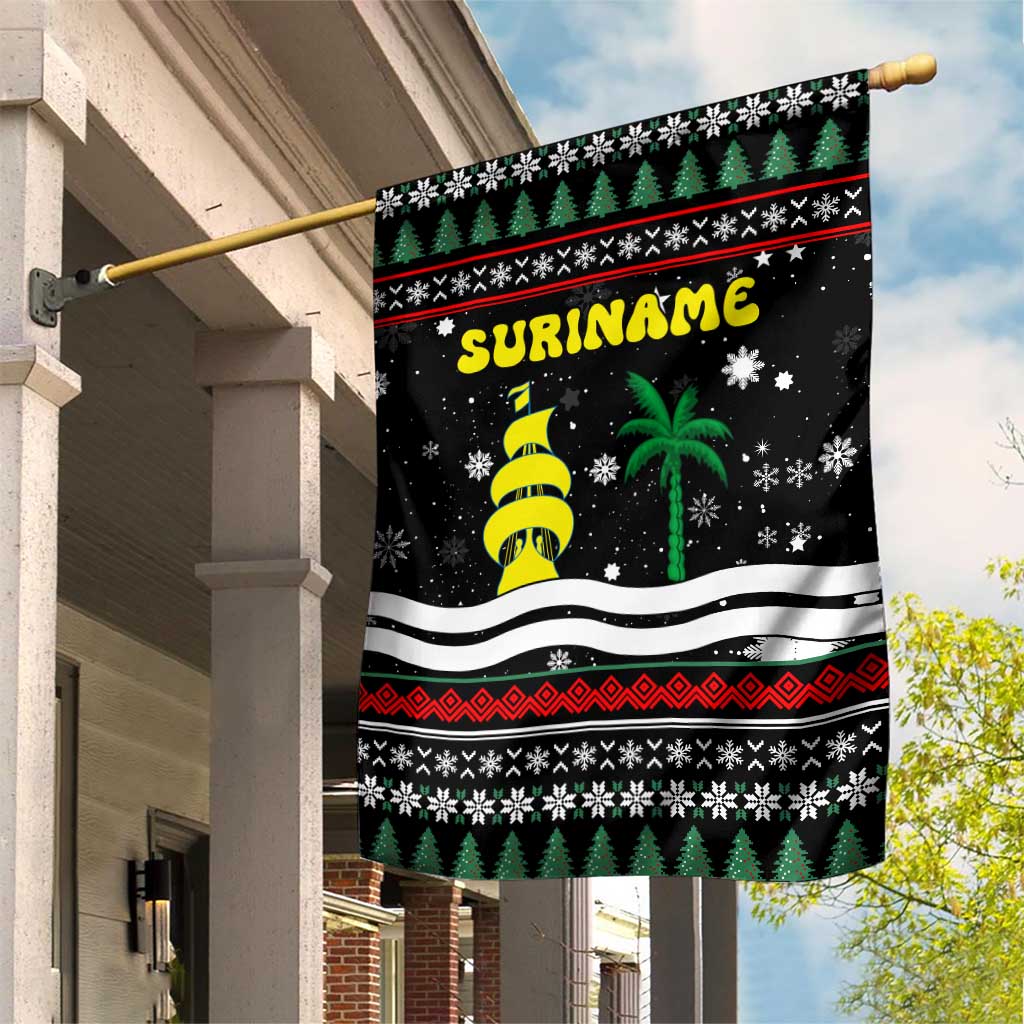 Suriname Christmas Garden Flag with Black Festive Pattern, Golden Ship, Palm Tree, and Coat of Arms Motif - Wonder Print Shop