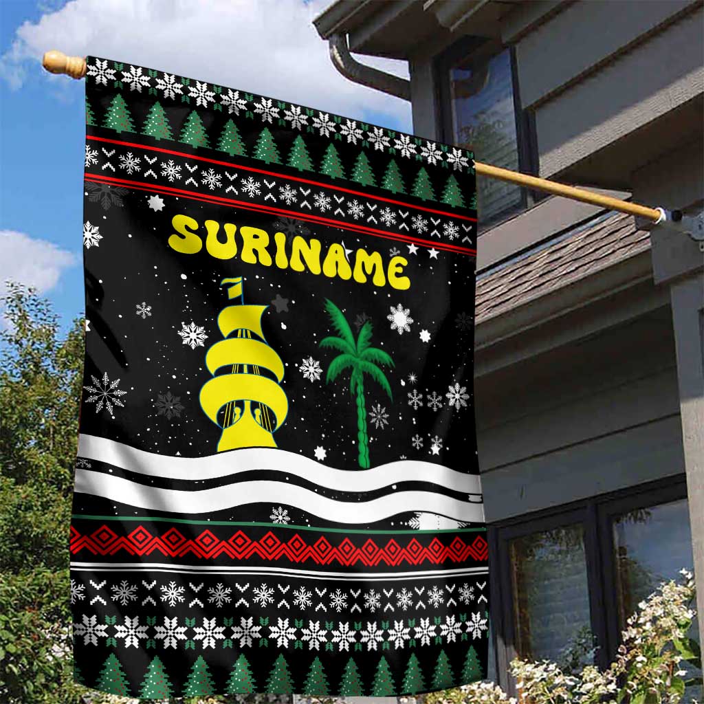 Suriname Christmas Garden Flag with Black Festive Pattern, Golden Ship, Palm Tree, and Coat of Arms Motif - Wonder Print Shop