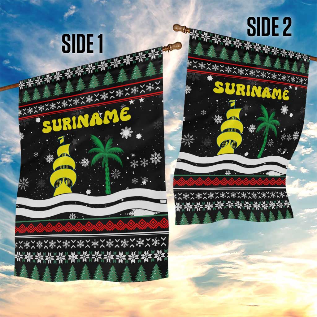 Suriname Christmas Garden Flag with Black Festive Pattern, Golden Ship, Palm Tree, and Coat of Arms Motif - Wonder Print Shop