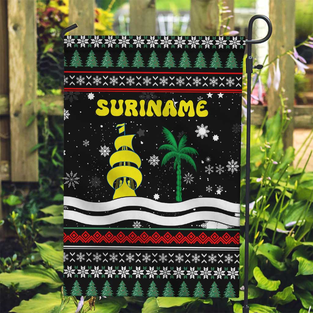 Suriname Christmas Garden Flag with Black Festive Pattern, Golden Ship, Palm Tree, and Coat of Arms Motif - Wonder Print Shop