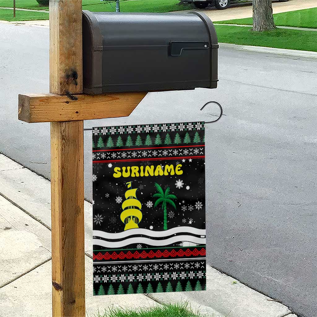 Suriname Christmas Garden Flag with Black Festive Pattern, Golden Ship, Palm Tree, and Coat of Arms Motif - Wonder Print Shop