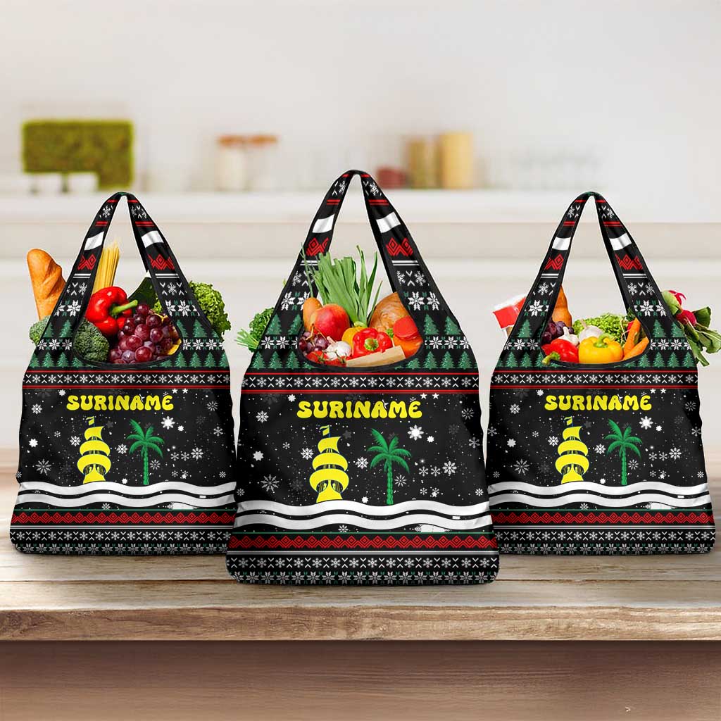 Suriname Christmas Grocery Bag with Black Festive Pattern, Golden Ship, Palm Tree, and Coat of Arms Motif - Wonder Print Shop