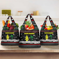 Suriname Christmas Grocery Bag with Black Festive Pattern, Golden Ship, Palm Tree, and Coat of Arms Motif - Wonder Print Shop